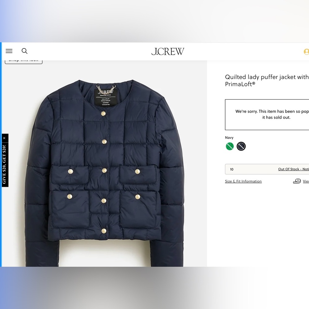 J Crew quilted lady puffer jacket with primaloft